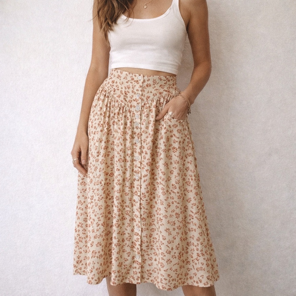 Free People Floral Button Front Midi Skirt Small Cottage Festival Boho